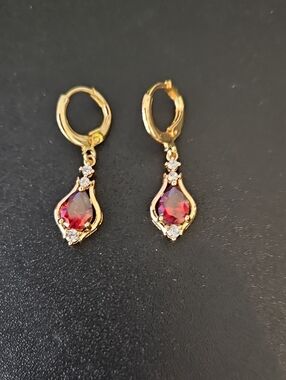 Gold Drop Earrings with Red Crystal Teardrops - Women Jewelry